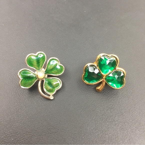 Saint Patricks Day Clover Pin Brooch Tie Tack Green Enamel Rhinestones Bundle 2 - Picture 6 of 8
